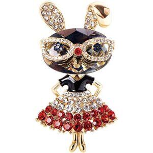 Rhinestone Lady Rabbit Brooch Pin for Women Girls Fashion Gold Plated Crystal